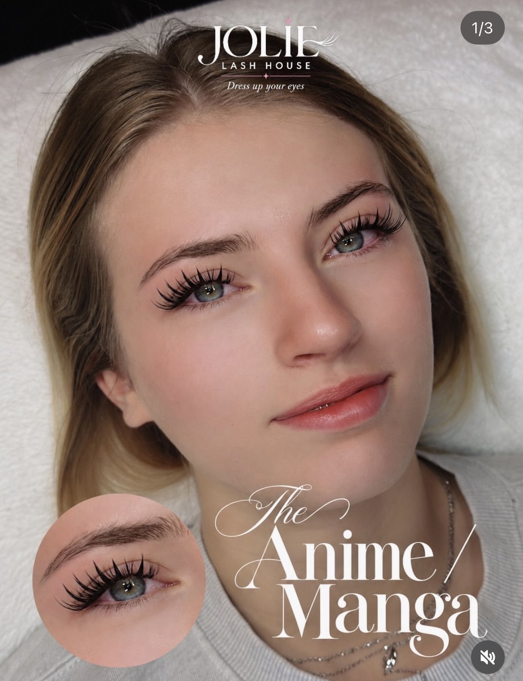 Anime Manga lash set by Jolie Lash House — client portrait with spiky anime lashes and eye close-up