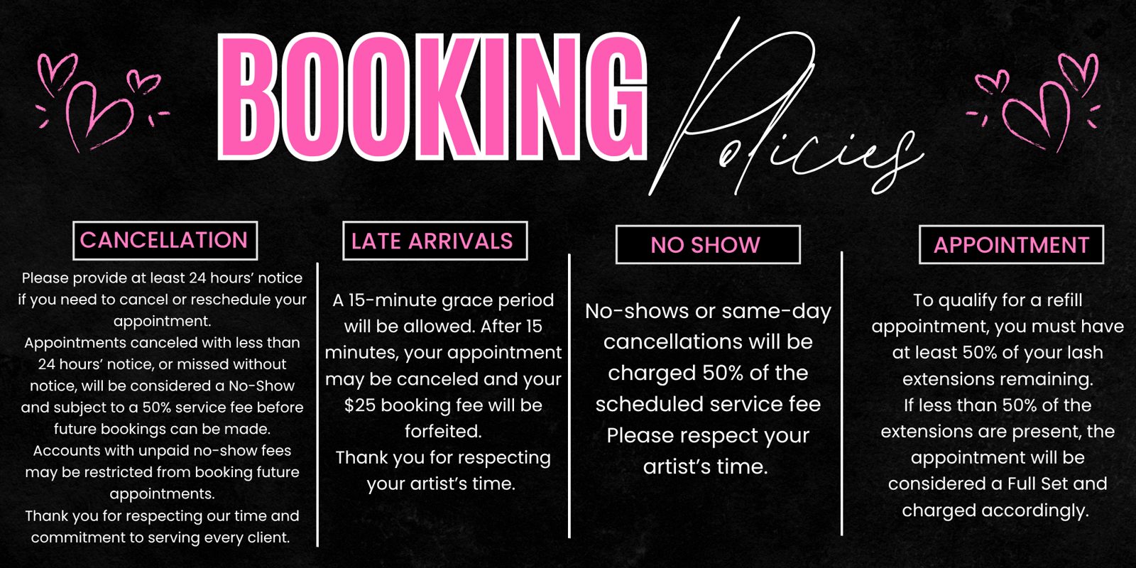 Jolie Lash House booking policies — deposits, cancellations and rescheduling for lash appointments