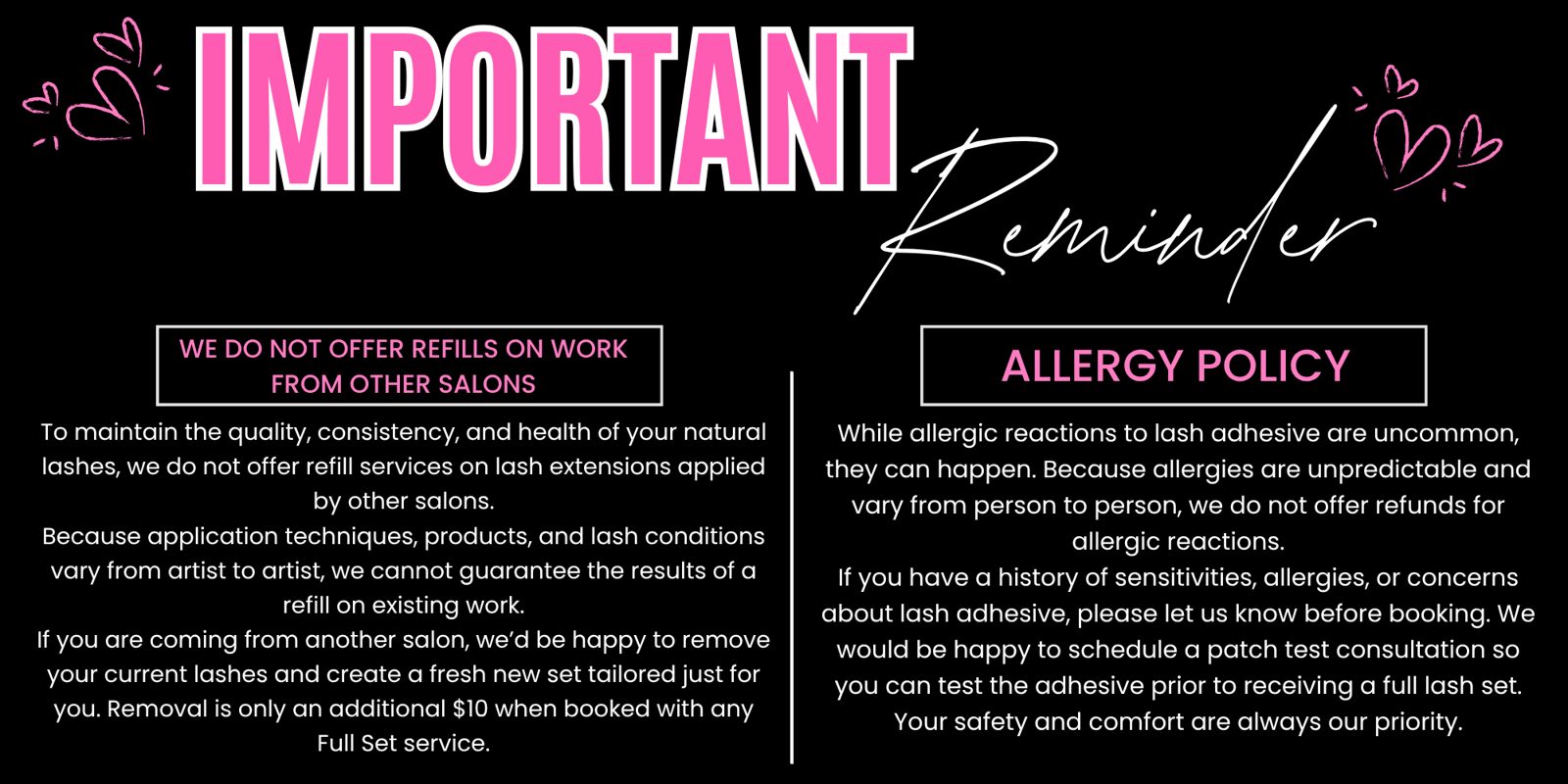 Important reminders for Jolie Lash House clients before a lash extension appointment